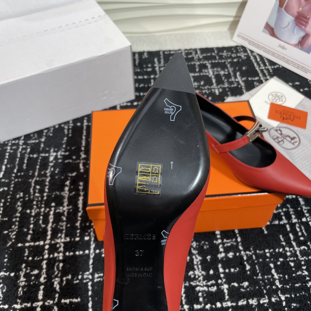 高仿Hermes*Kelly系列H251007Z06小牛皮高踭鞋紅色4CM免檢版