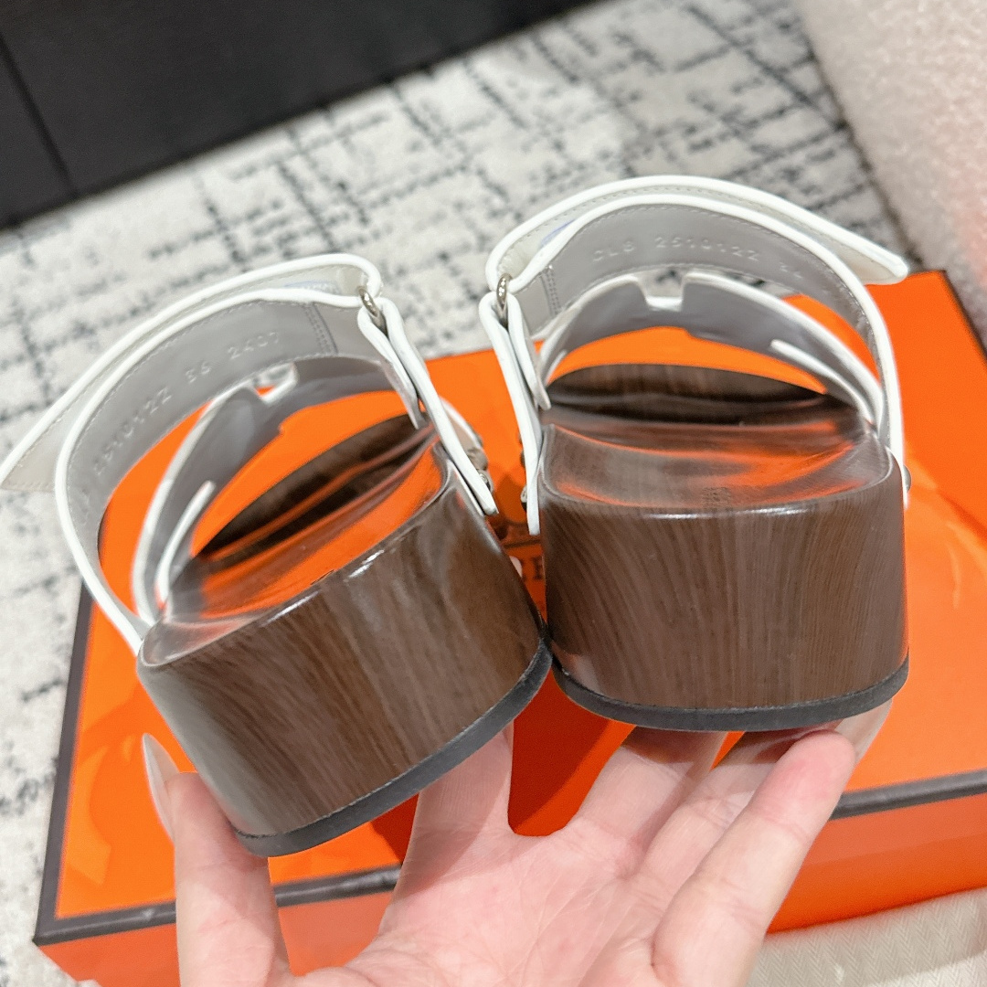 高仿Hermes*Kos系列H251012Z1厚底木質拖鞋白色4CM免檢版