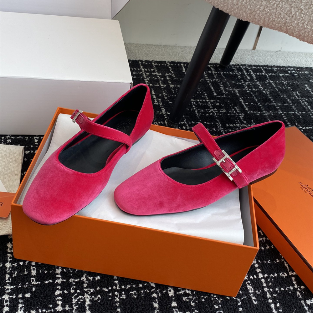 高仿Hermes*H242046ZK8絨面瑪麗珍鞋玫紅色免檢版