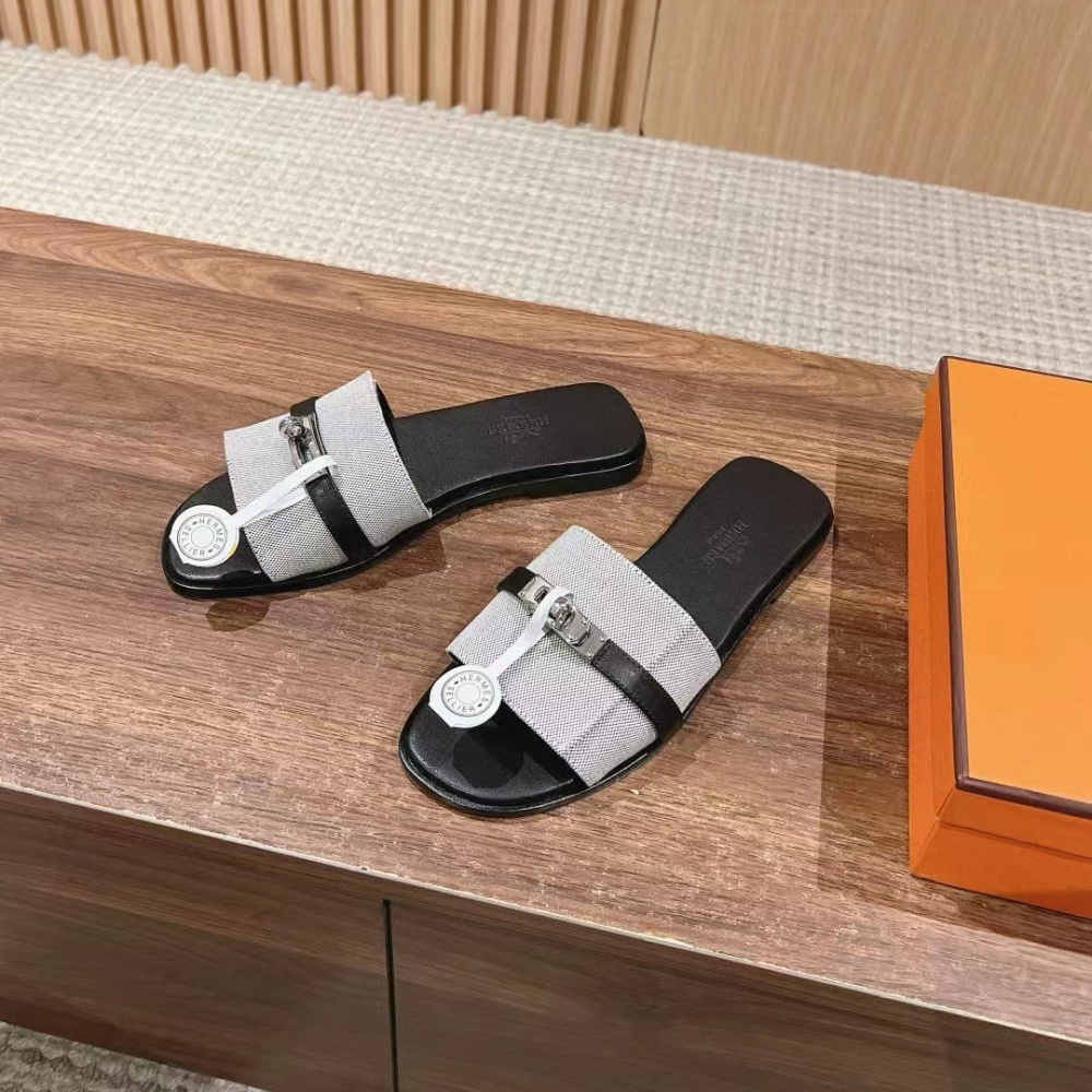 高仿Hermes*H241888ZH78經典一字拖鞋灰色免檢版