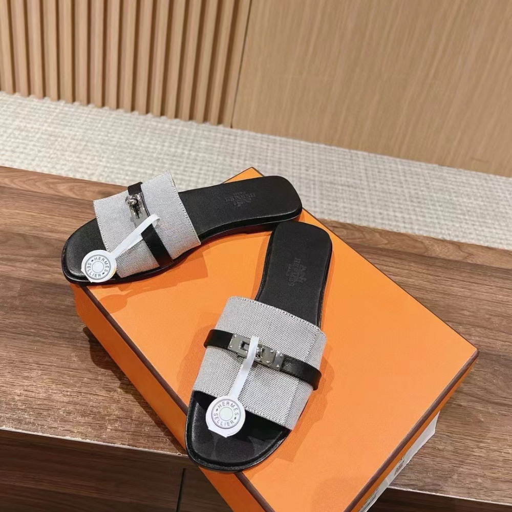 高仿Hermes*H241888ZH78經典一字拖鞋灰色免檢版