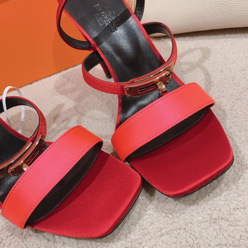 高仿Hermes*H232134Z75露趾細踭涼鞋酒紅9.5CM免檢版