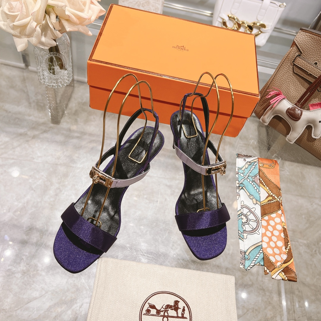 高仿Hermes*H232134ZFG露趾細踭涼鞋紫色9.5CM免檢版