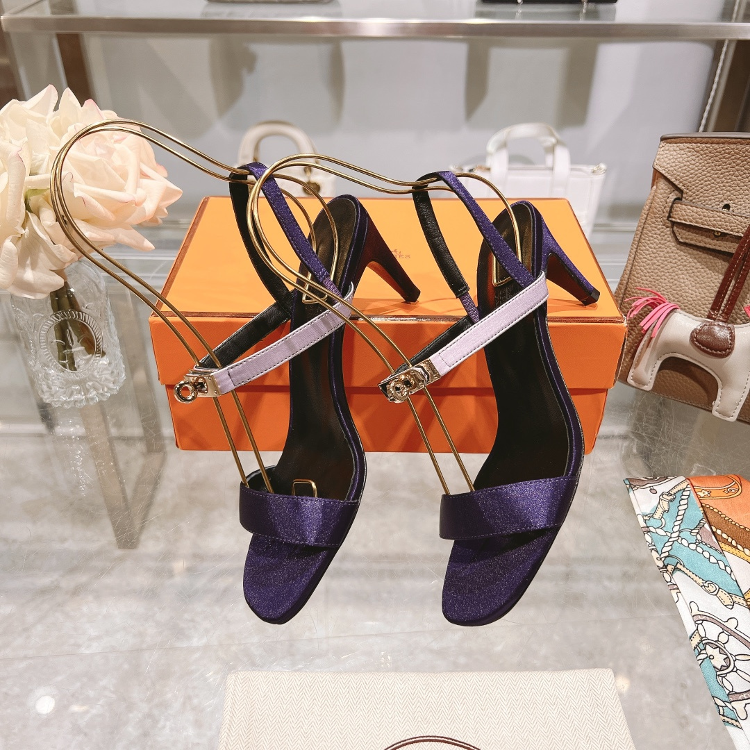 高仿Hermes*H232134ZFG露趾細踭涼鞋紫色9.5CM免檢版