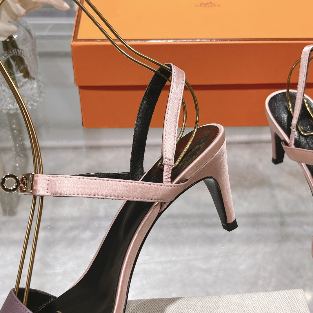 高仿Hermes*H232133Z9J露趾細踭涼鞋淺粉9.5CM免檢版