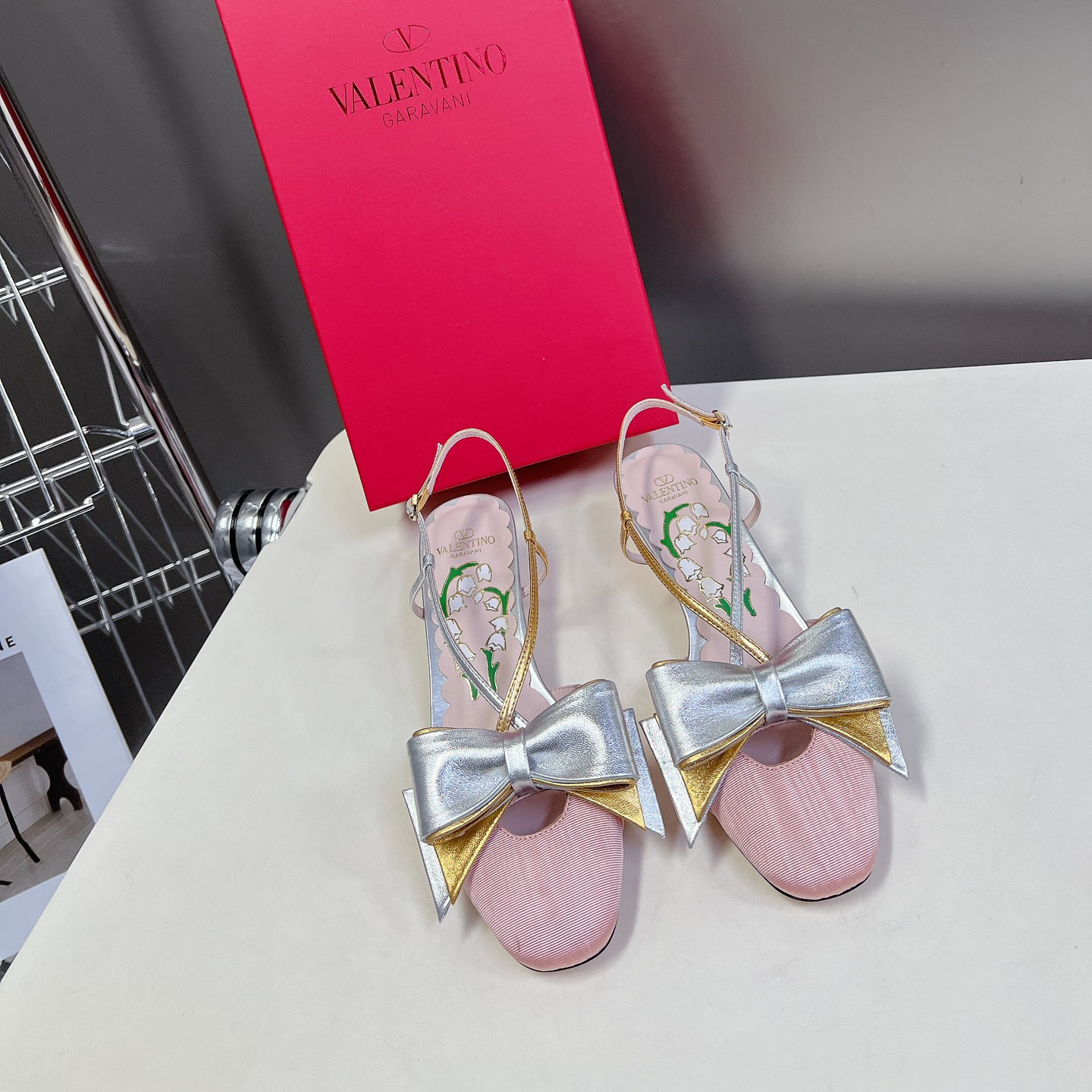 高仿Valentino*WS0LB6Q蝴蝶結塔扣涼鞋粉金4.5CM免檢版