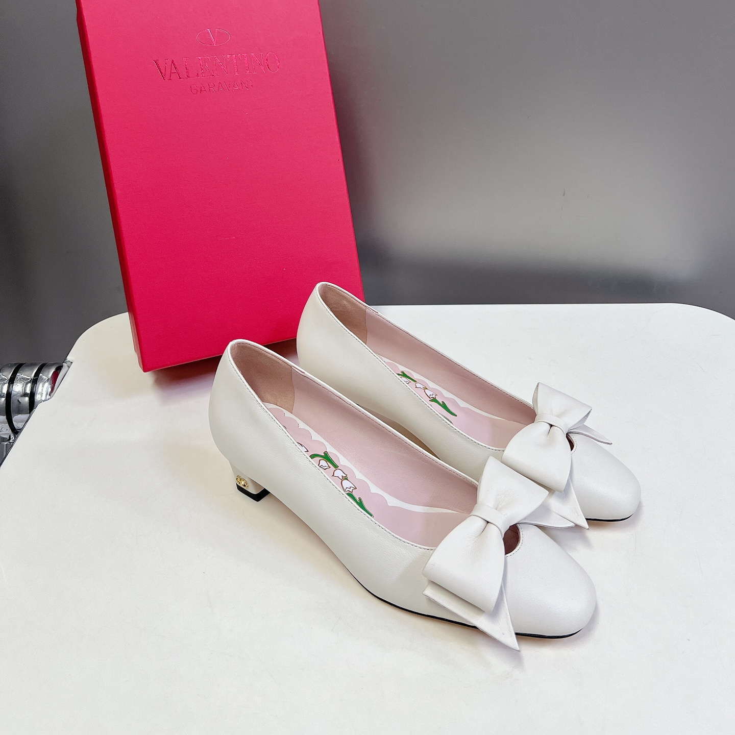 高仿Valentino*6W2S0LC蝴蝶結高踭鞋白色4.5CM免檢版