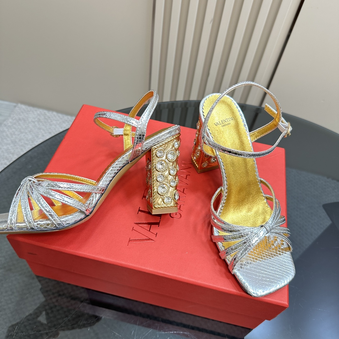 高仿Valentino*6W2S0LQ水鑽高踭鞋金銀色9CM免檢版