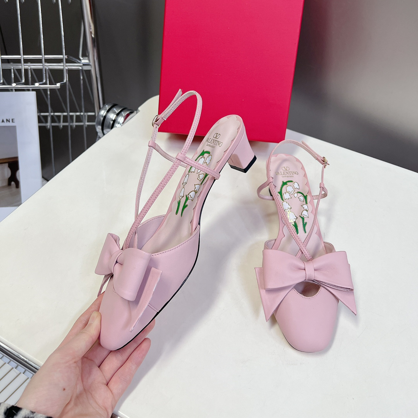 高仿Valentino*WS0LB6B蝴蝶結塔扣涼鞋粉色4.5CM免檢版