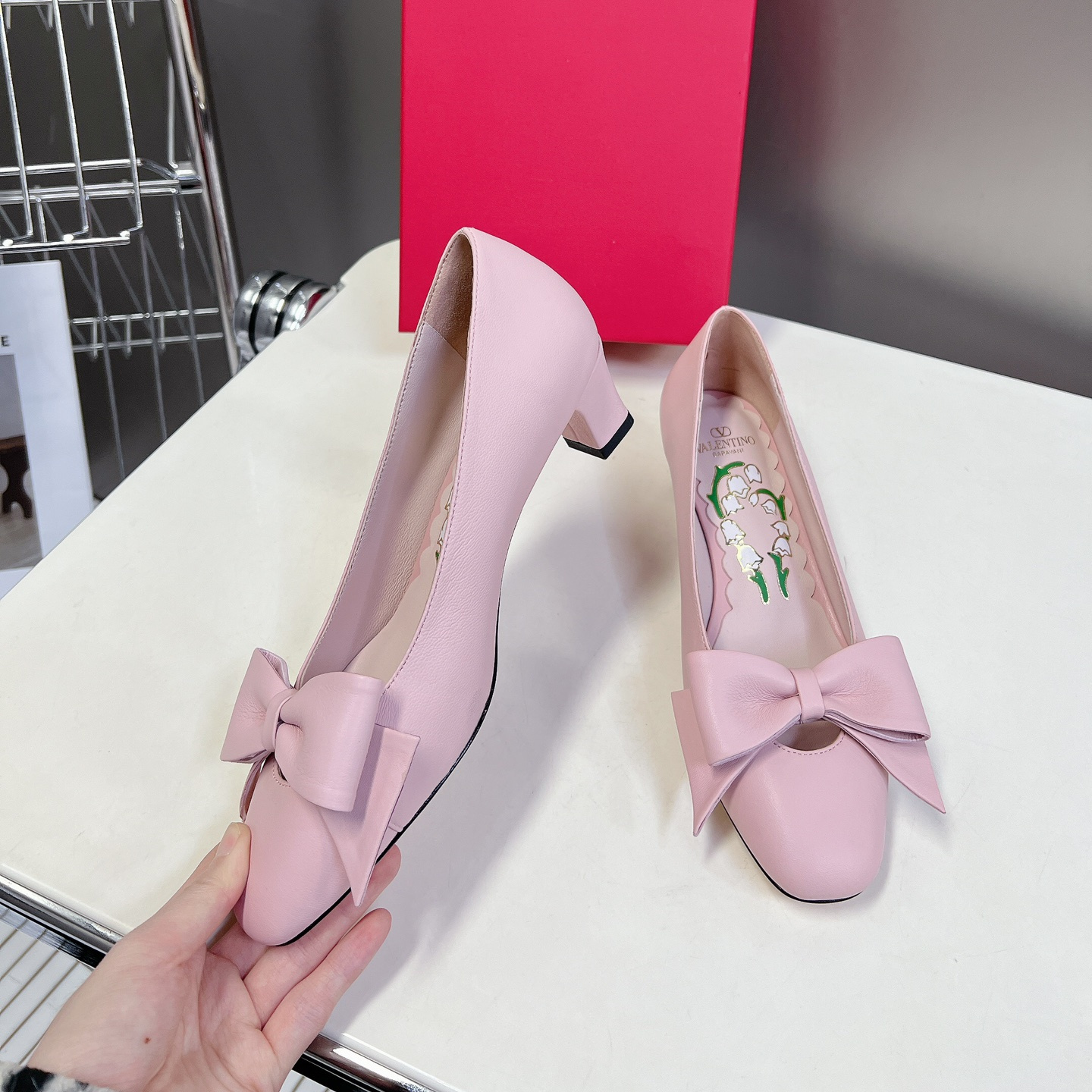 高仿Valentino*6W2S0LA蝴蝶結高踭鞋粉色4.5CM免檢版