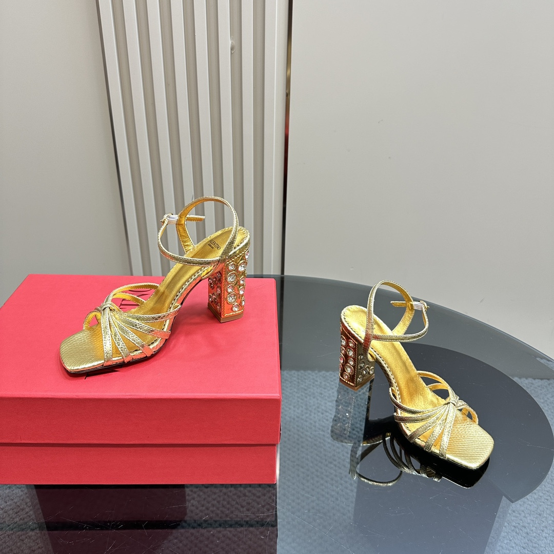 高仿Valentino*6W2S0LK水鑽高踭鞋金色9CM免檢版