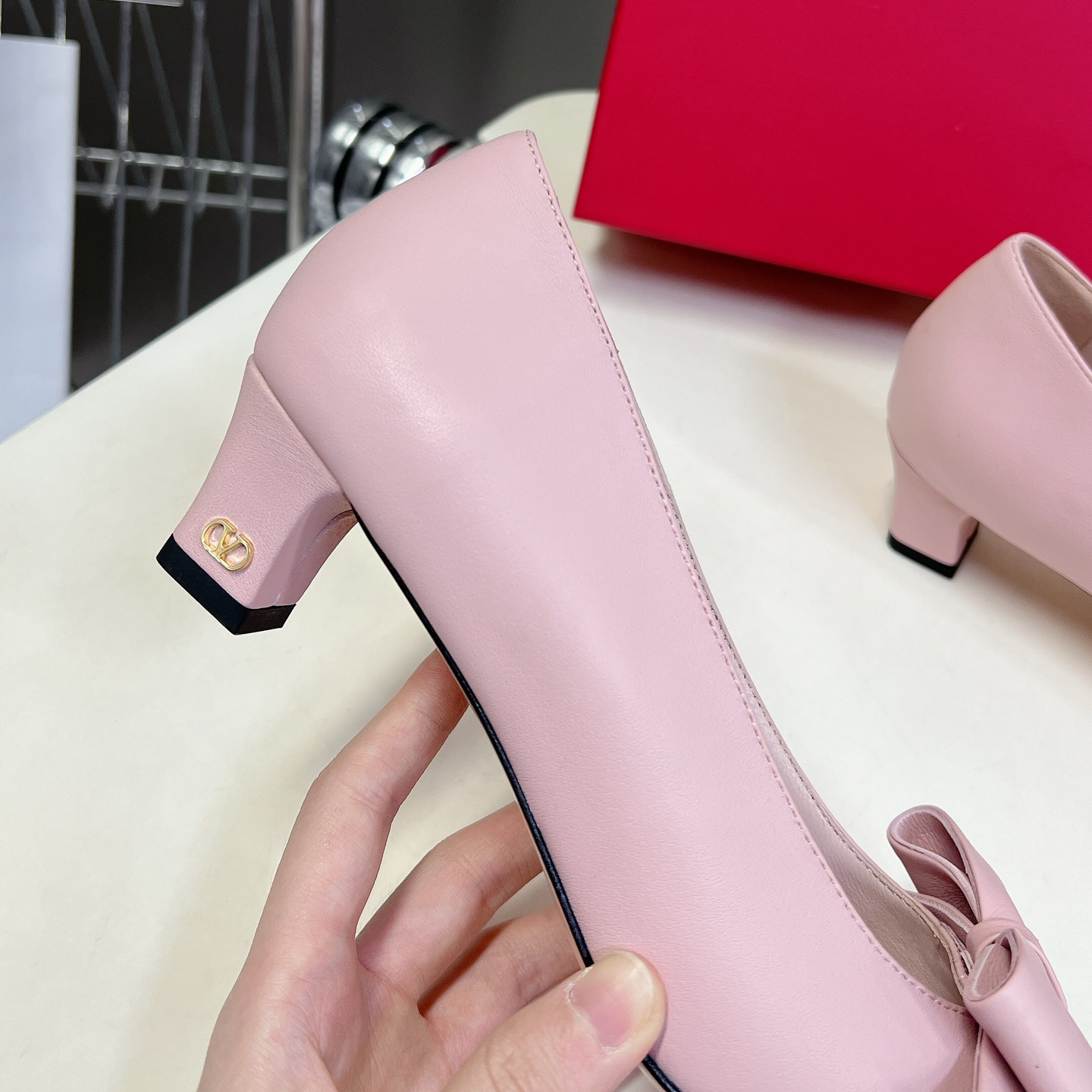 高仿Valentino*6W2S0LA蝴蝶結高踭鞋粉色4.5CM免檢版