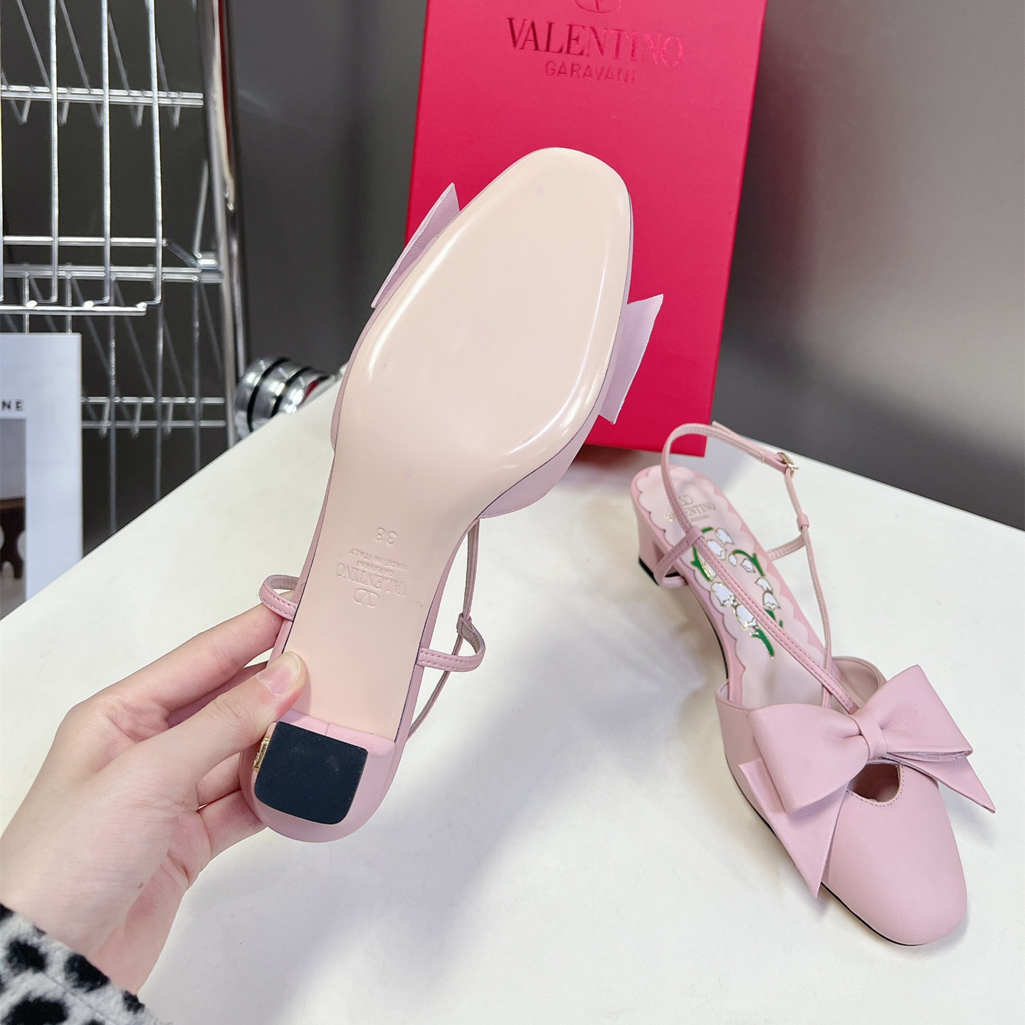 高仿Valentino*WS0LB6B蝴蝶結塔扣涼鞋粉色4.5CM免檢版