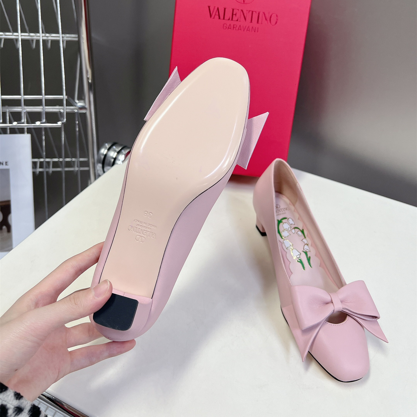 高仿Valentino*6W2S0LA蝴蝶結高踭鞋粉色4.5CM免檢版