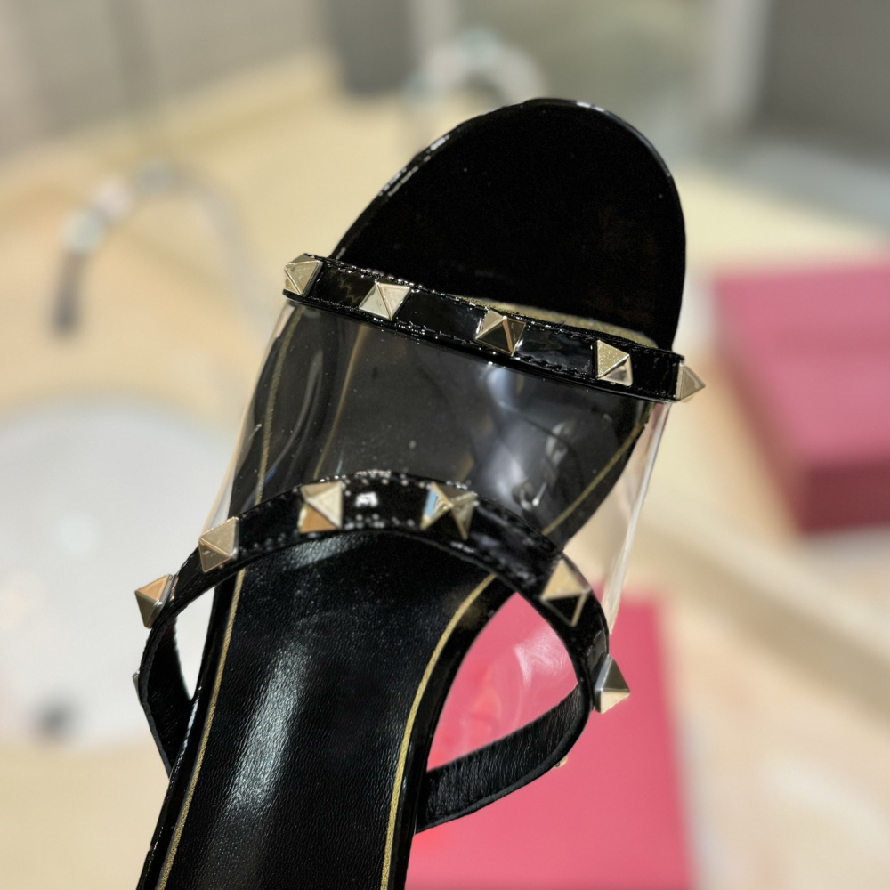 高仿Valentino*2W0S0GH鉚釘水晶踭涼鞋黑色膠片4.5CM免檢版
