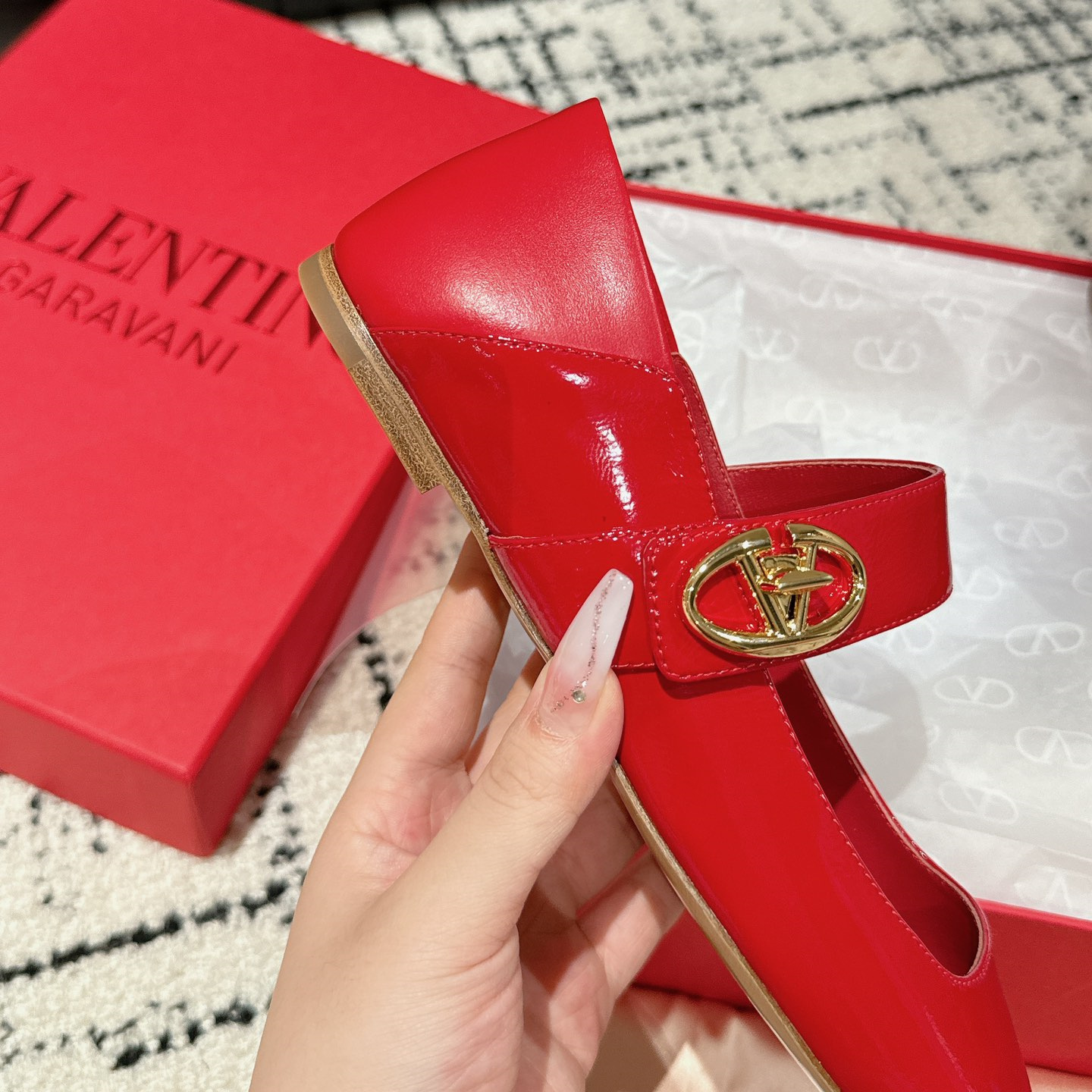 高仿Valentino*5W2S0JT方頭露跟單鞋漆皮紅色6CM免檢版