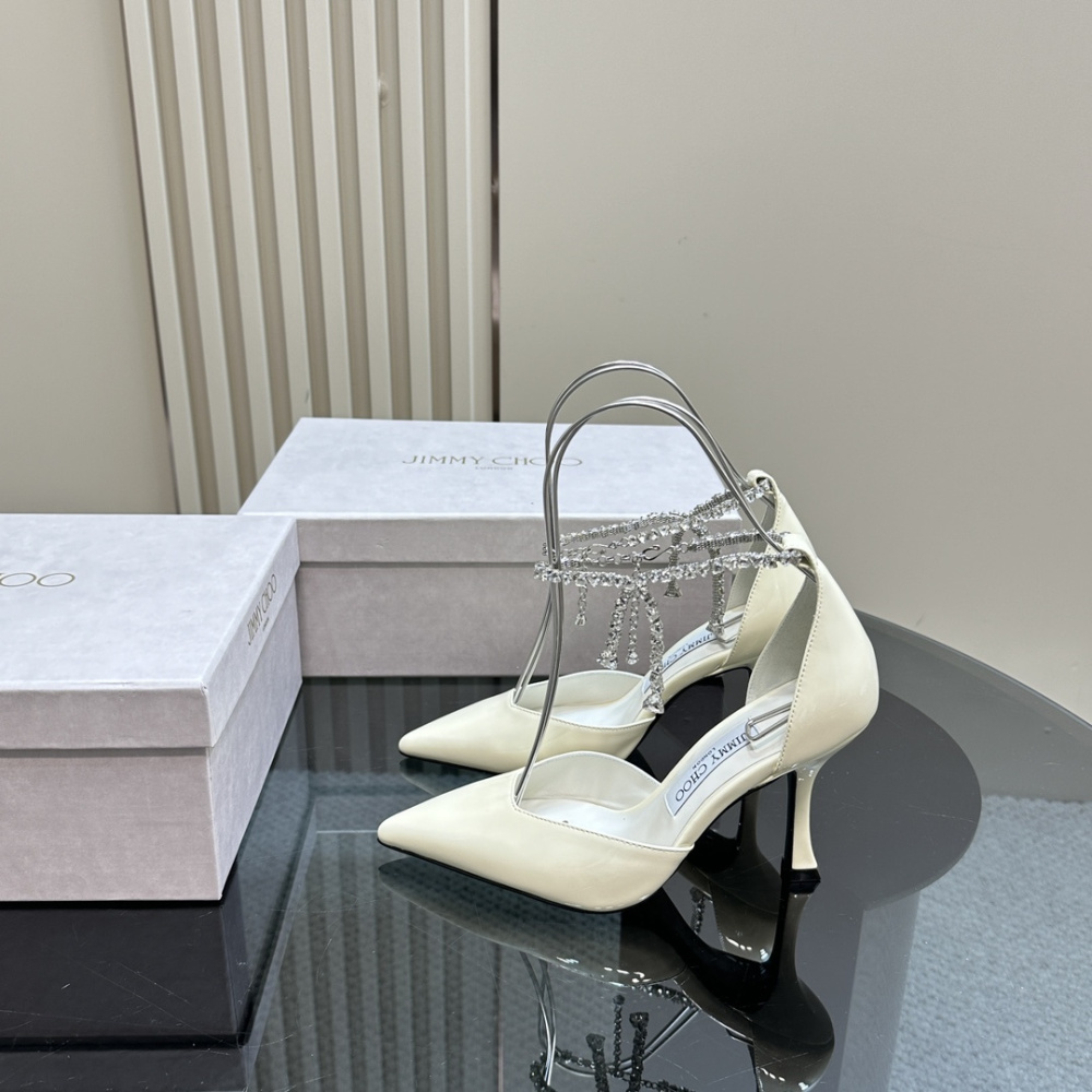 高仿JimmyChoo*J000132尖頭塔扣高踭鞋白色5CM免檢版