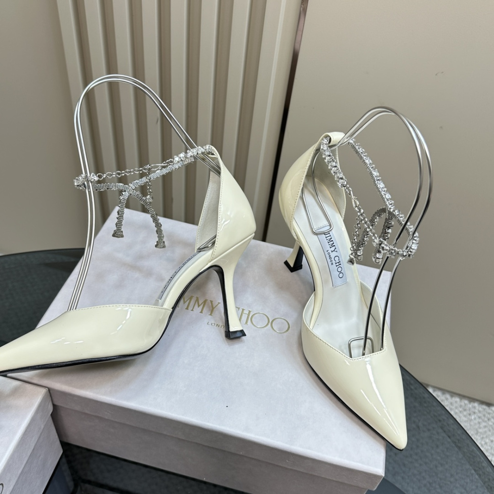 高仿JimmyChoo*J000132尖頭塔扣高踭鞋白色5CM免檢版