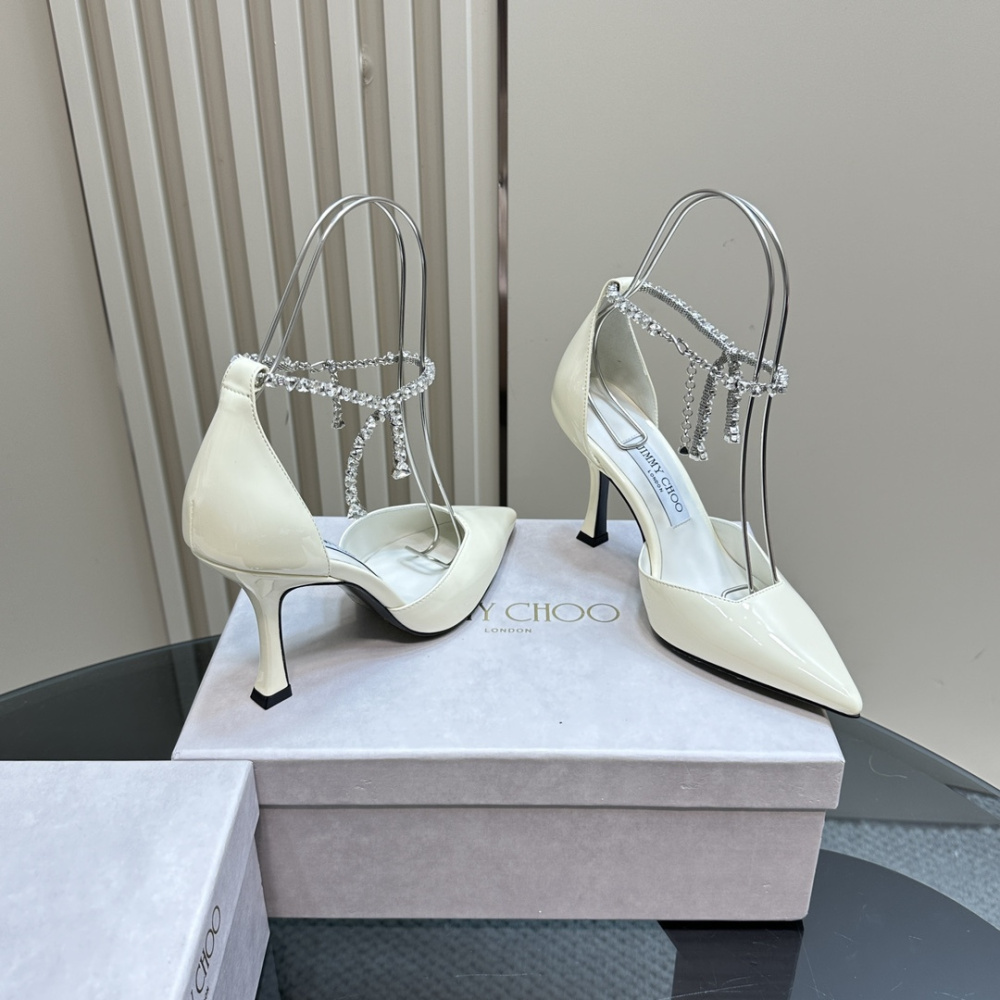 高仿JimmyChoo*J000132尖頭塔扣高踭鞋白色5CM免檢版