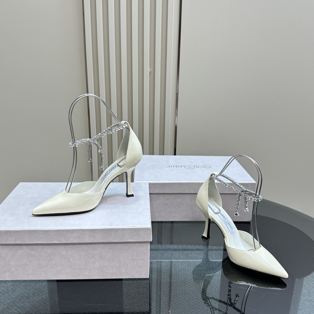 高仿JimmyChoo*J000132尖頭塔扣高踭鞋白色5CM免檢版