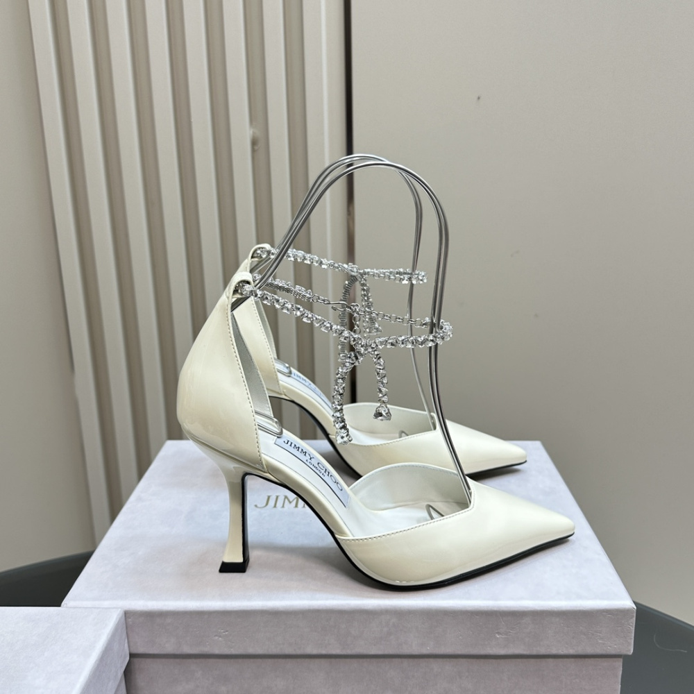高仿JimmyChoo*J000132尖頭塔扣高踭鞋白色5CM免檢版