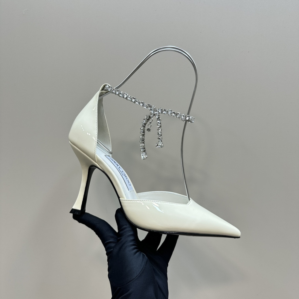 高仿JimmyChoo*J000132尖頭塔扣高踭鞋白色5CM免檢版