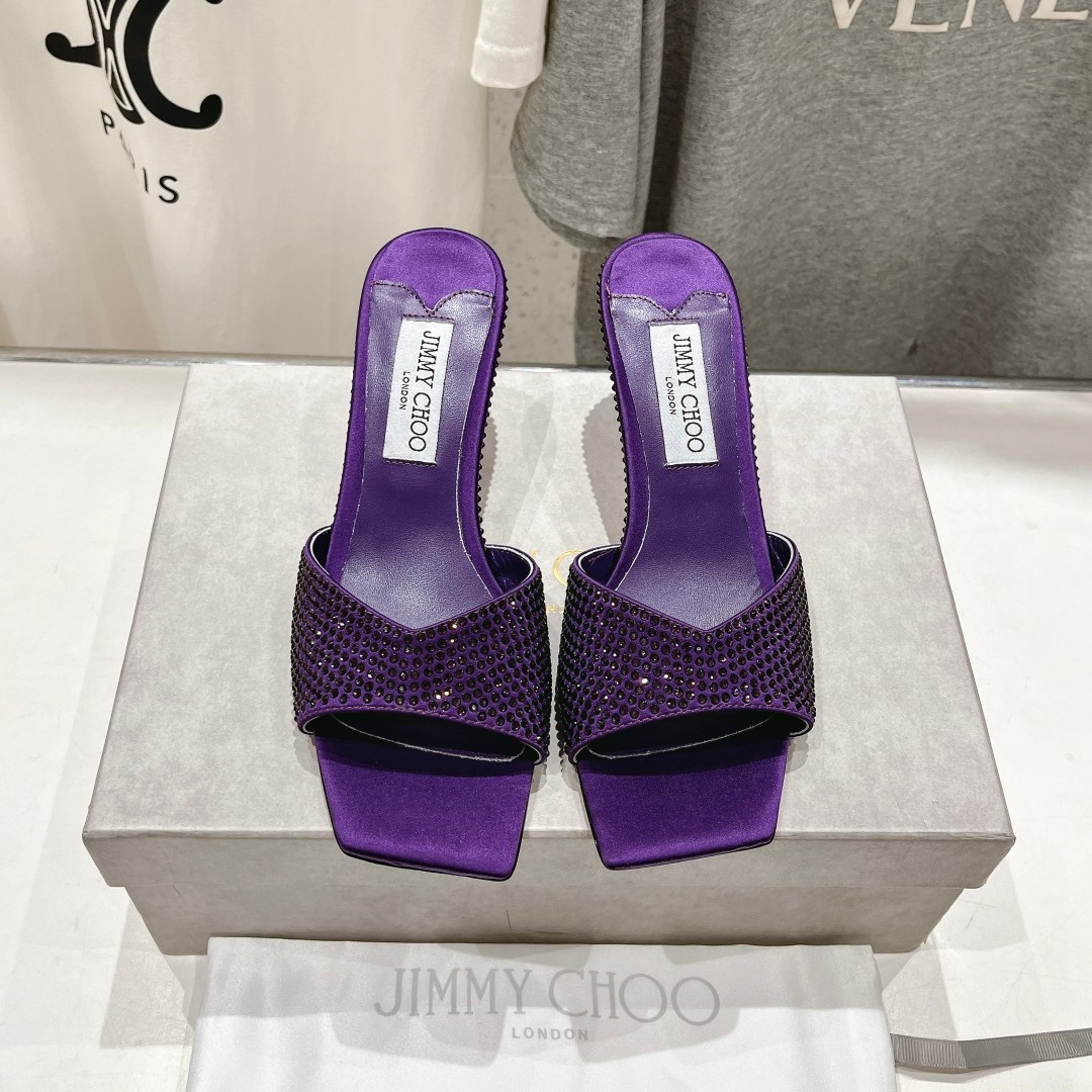 高仿JimmyChoo*SKYE75S方頭一字拖鞋水鑽紫7CM免檢版