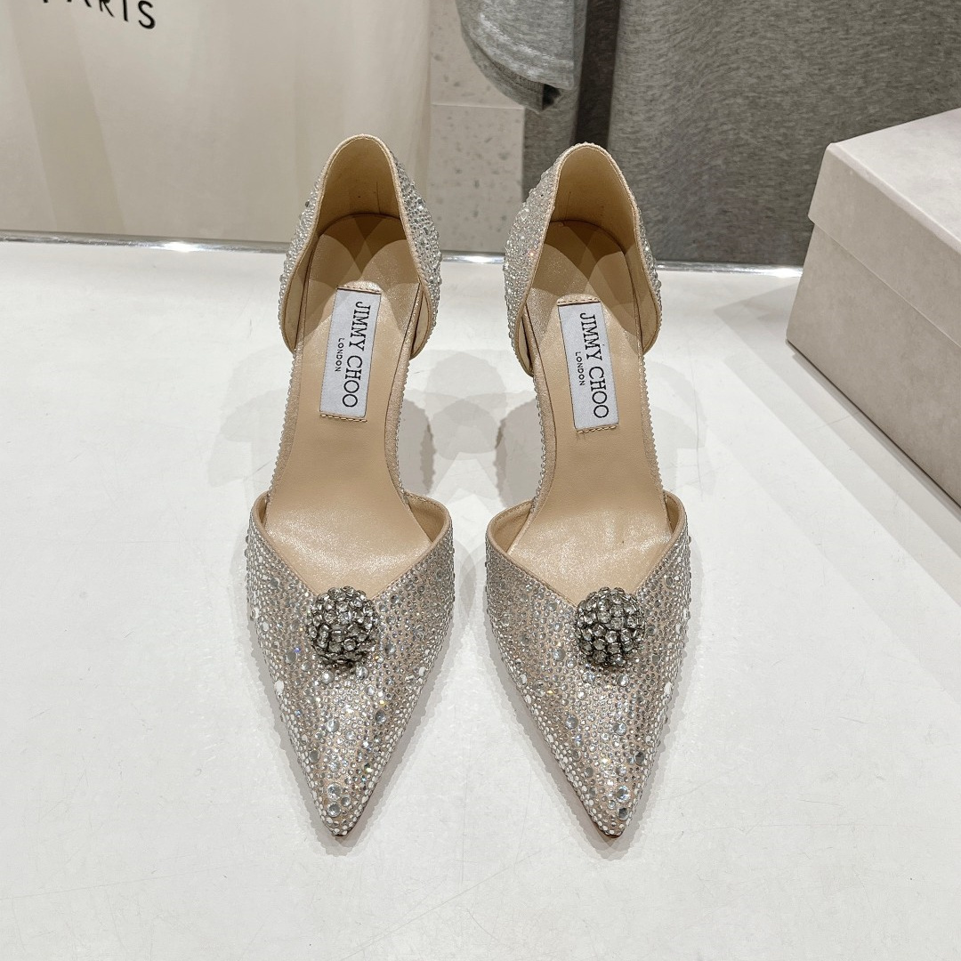 高仿JimmyChoo*SABINE8水鑽亮片高踭鞋裸色8.5CM免檢版