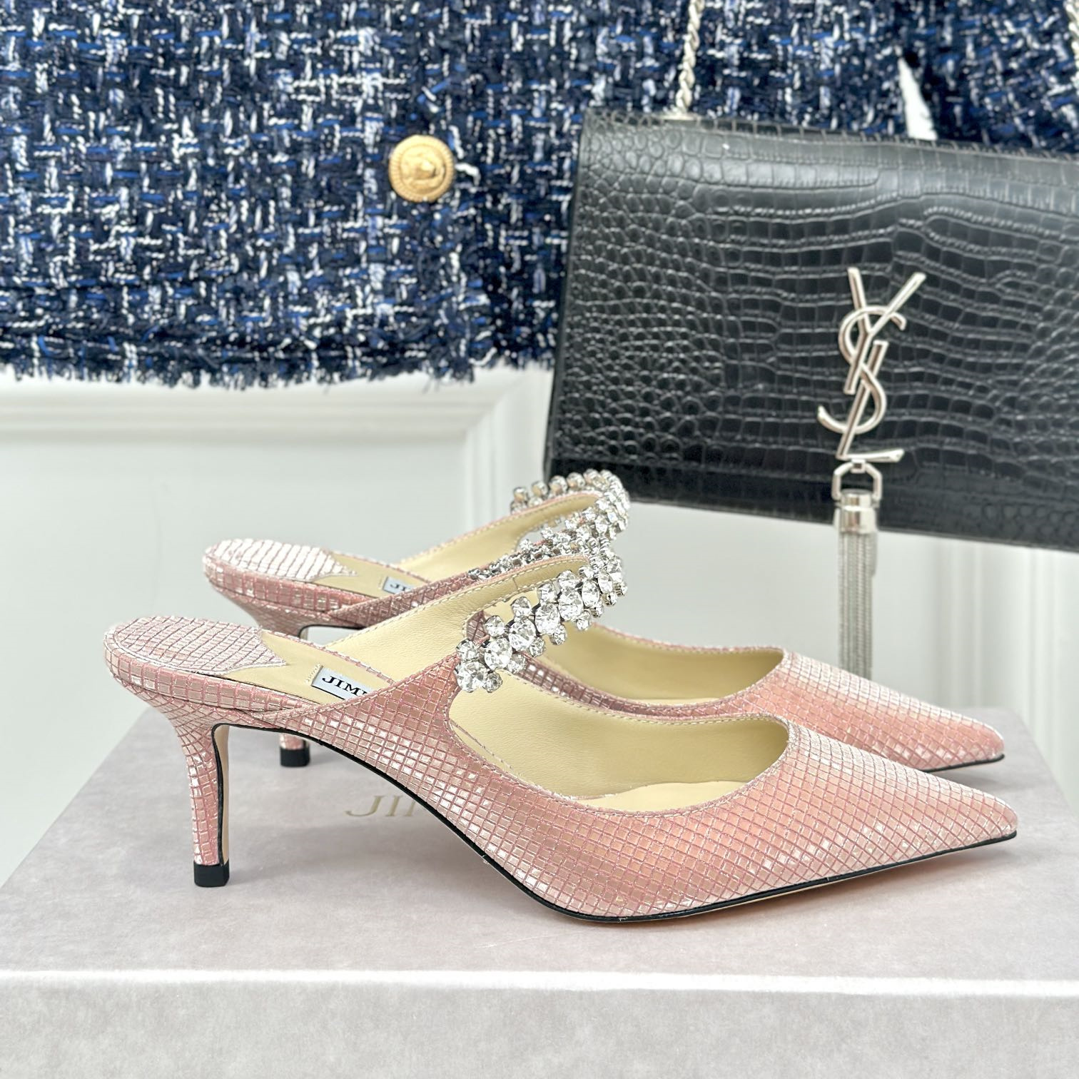 高仿JimmyChoo*BING64T水晶鑲嵌涼拖粉色6.5CM免檢版