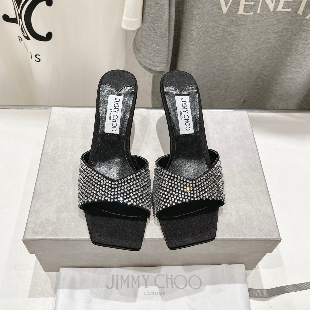高仿JimmyChoo*SKYE74S方頭一字拖鞋水鑽黑7CM免檢版