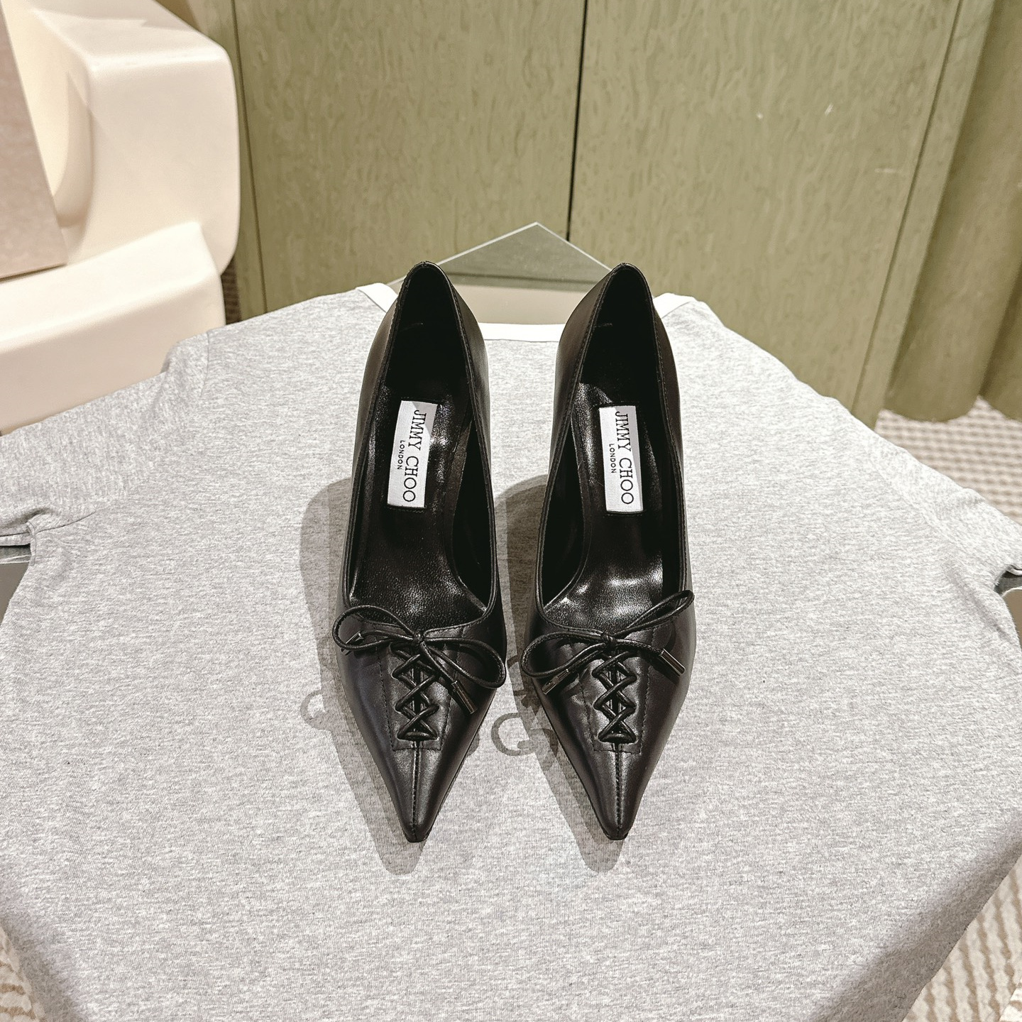 高仿JimmyChoo*SCARLE1尖頭蝴蝶結高踭鞋黑色9CM免檢版