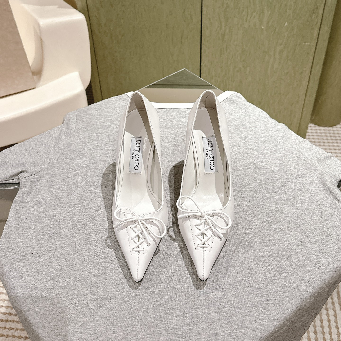 高仿JimmyChoo*SCARLE2尖頭蝴蝶結高踭鞋白色9CM免檢版