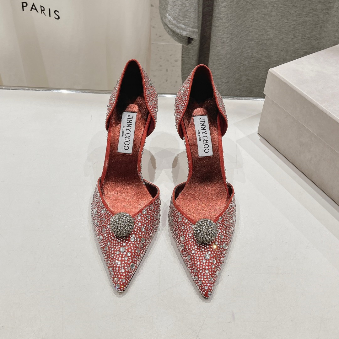 高仿JimmyChoo*SABINE5水鑽亮片高踭鞋銀紅色8.5CM免檢版