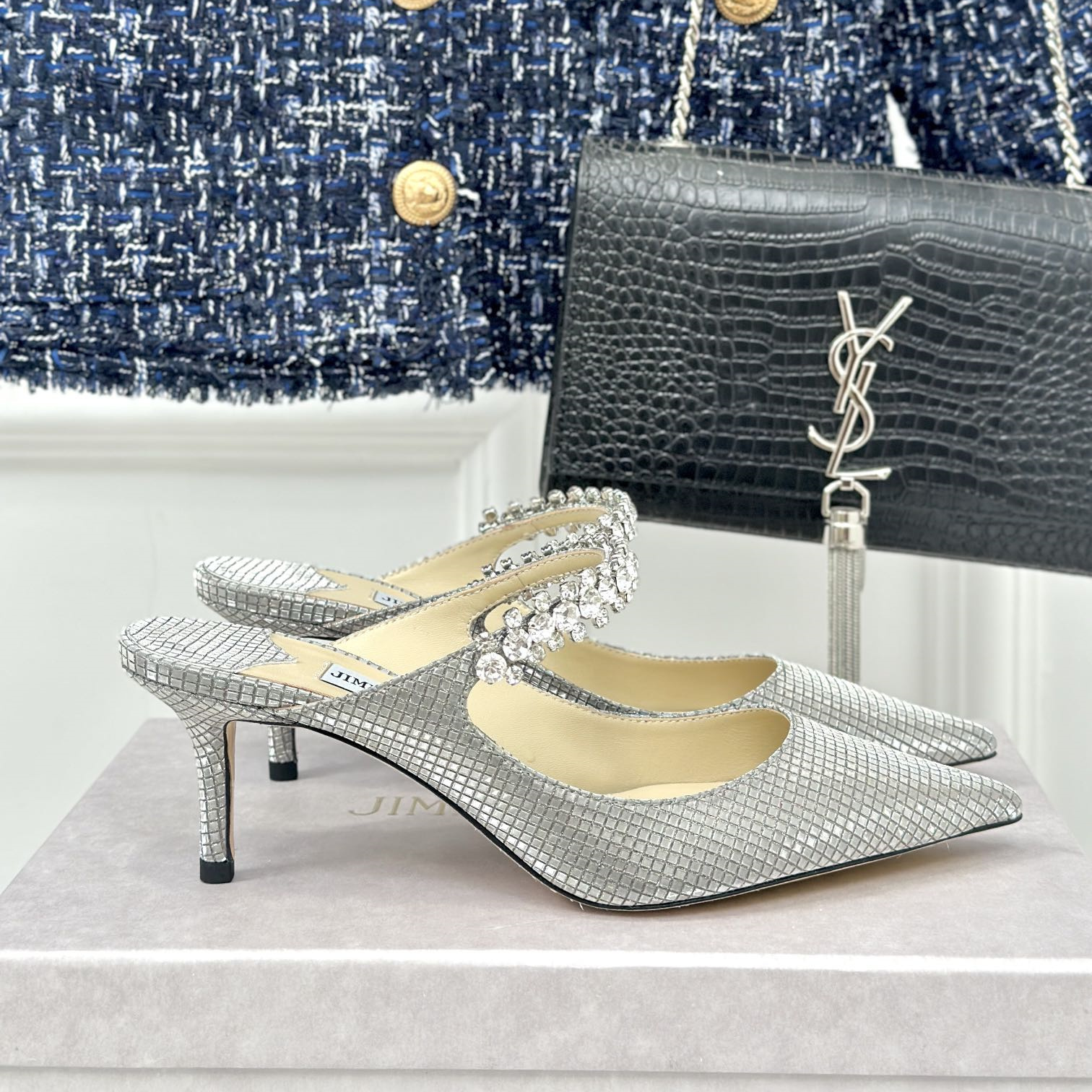 高仿JimmyChoo*BING65T水晶鑲嵌涼拖銀色6.5CM免檢版