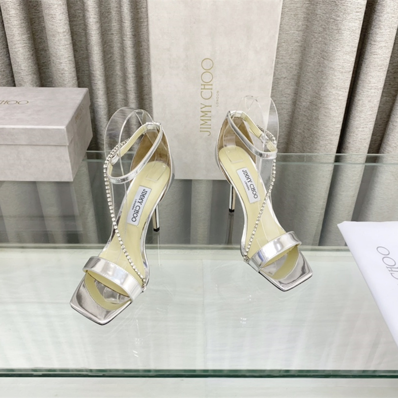 高仿JimmyChoo*TALIKA2方頭塔扣高踭涼鞋銀色10CM免檢版