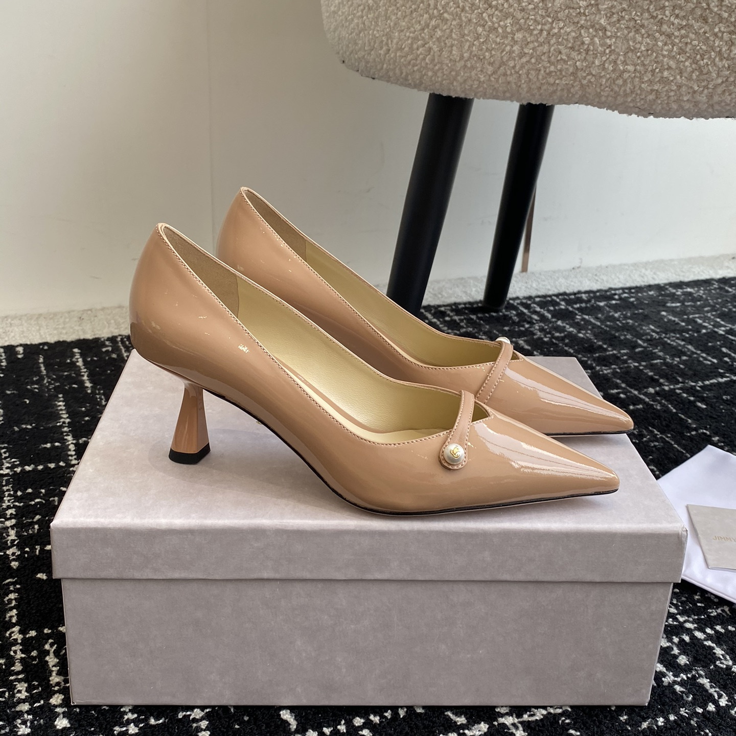 高仿JimmyChoo*ROSALI7水晶漆皮高踭鞋裸色6.5CM免檢版