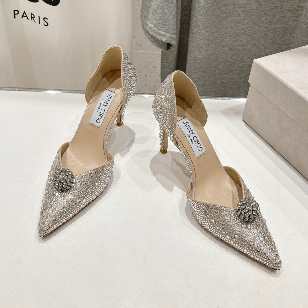 高仿JimmyChoo*SABINE8水鑽亮片高踭鞋裸色8.5CM免檢版