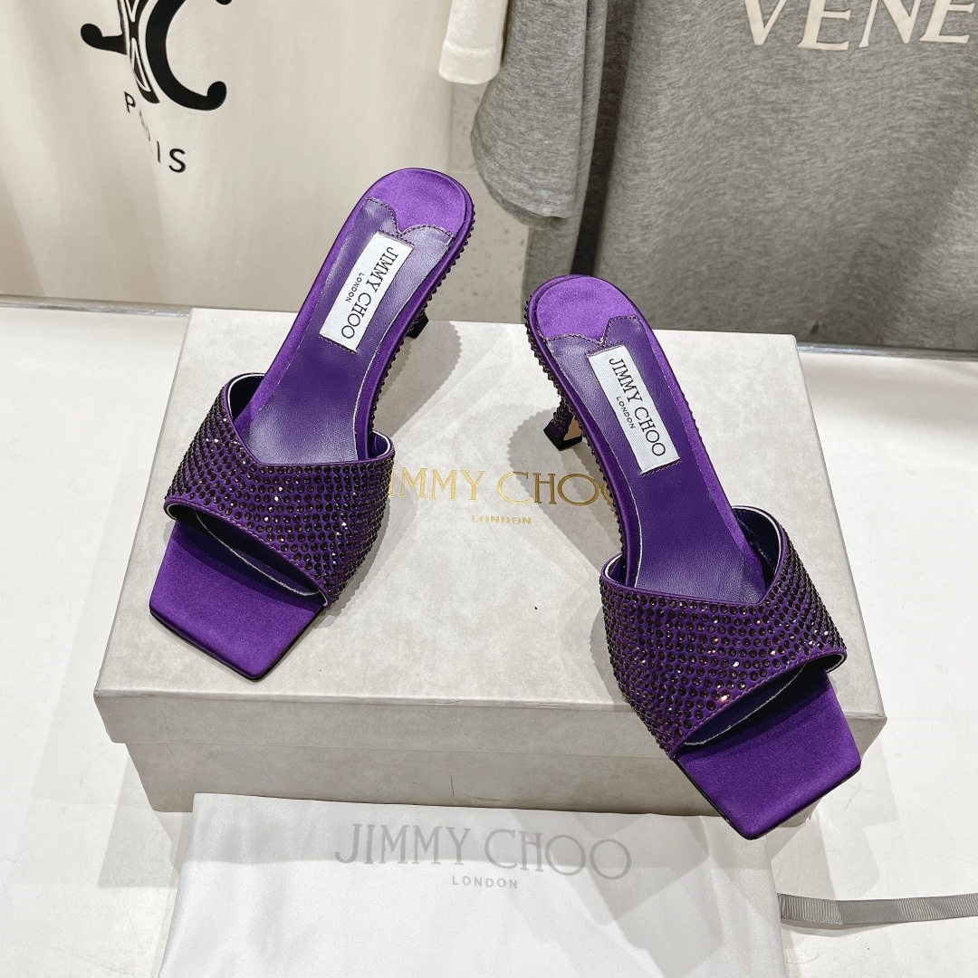 高仿JimmyChoo*SKYE75S方頭一字拖鞋水鑽紫7CM免檢版