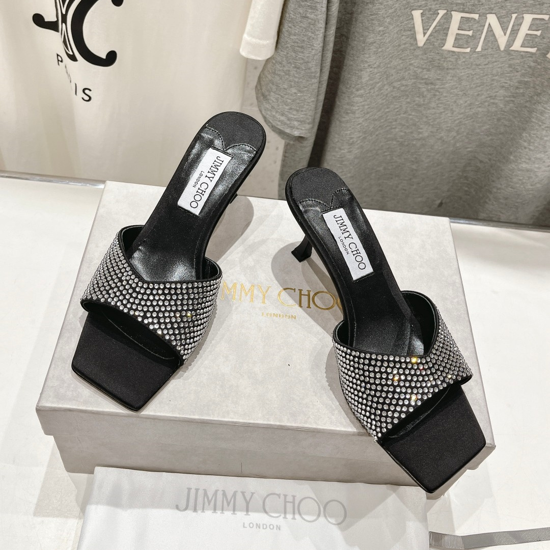 高仿JimmyChoo*SKYE74S方頭一字拖鞋水鑽黑7CM免檢版