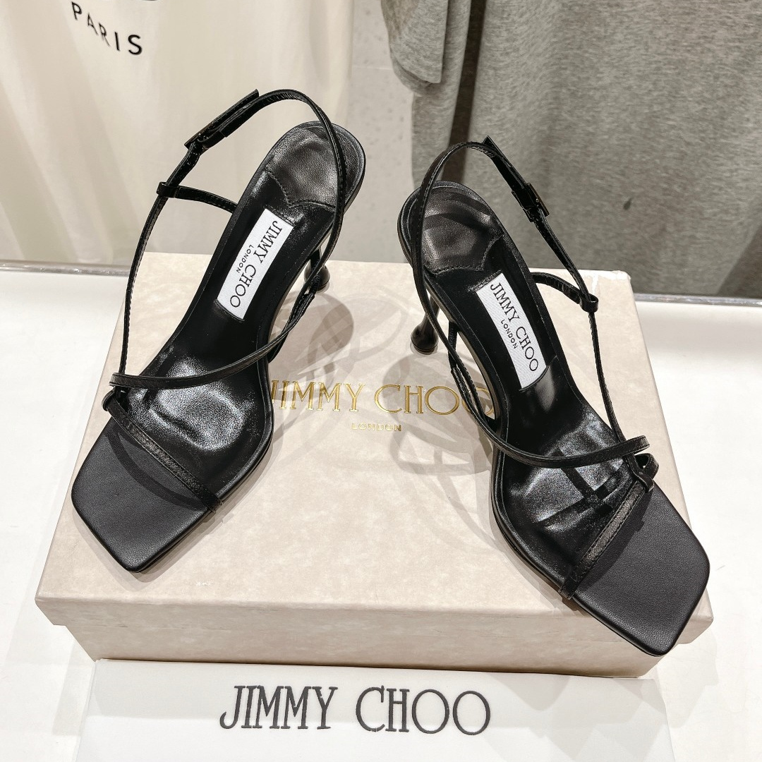 高仿JimmyChoo*ETANA95交叉塔扣高踭涼鞋黑色9.5CM免檢版