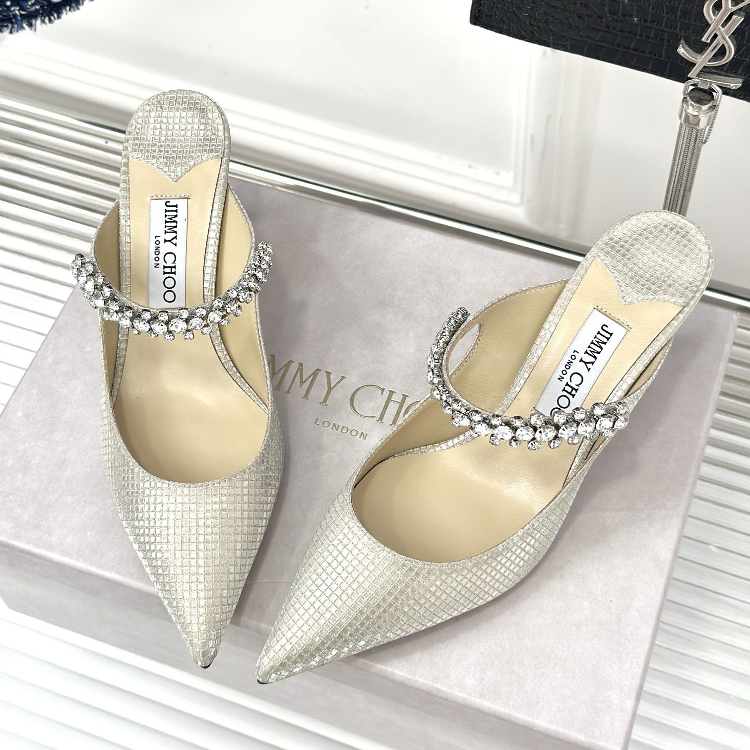 高仿JimmyChoo*BING62T水晶鑲嵌涼拖裸色6.5CM免檢版