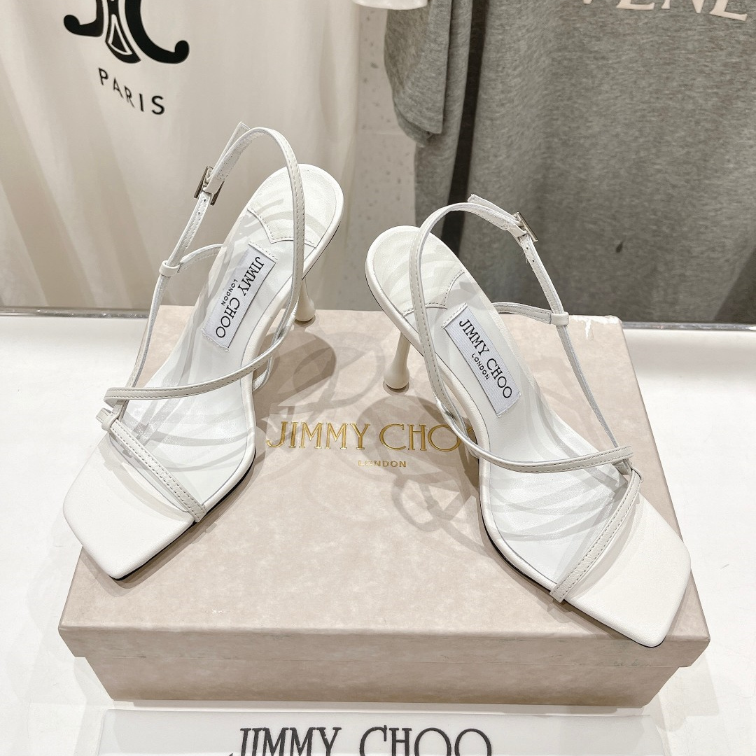 高仿JimmyChoo*ETANA94交叉塔扣高踭涼鞋白色9.5CM免檢版