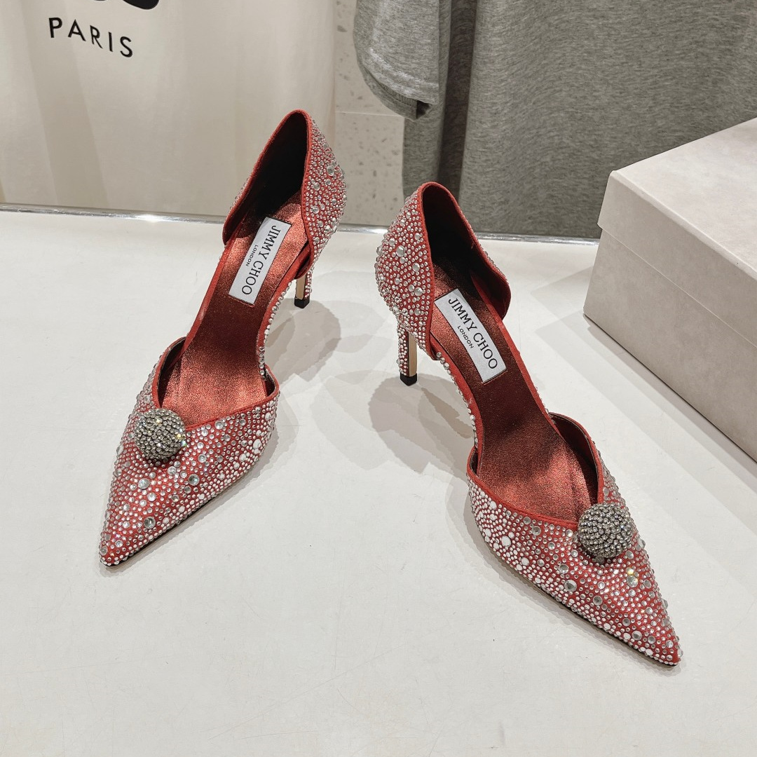 高仿JimmyChoo*SABINE5水鑽亮片高踭鞋銀紅色8.5CM免檢版