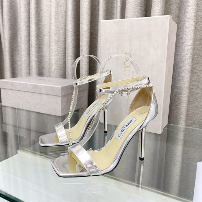 高仿JimmyChoo*TALIKA2方頭塔扣高踭涼鞋銀色10CM免檢版