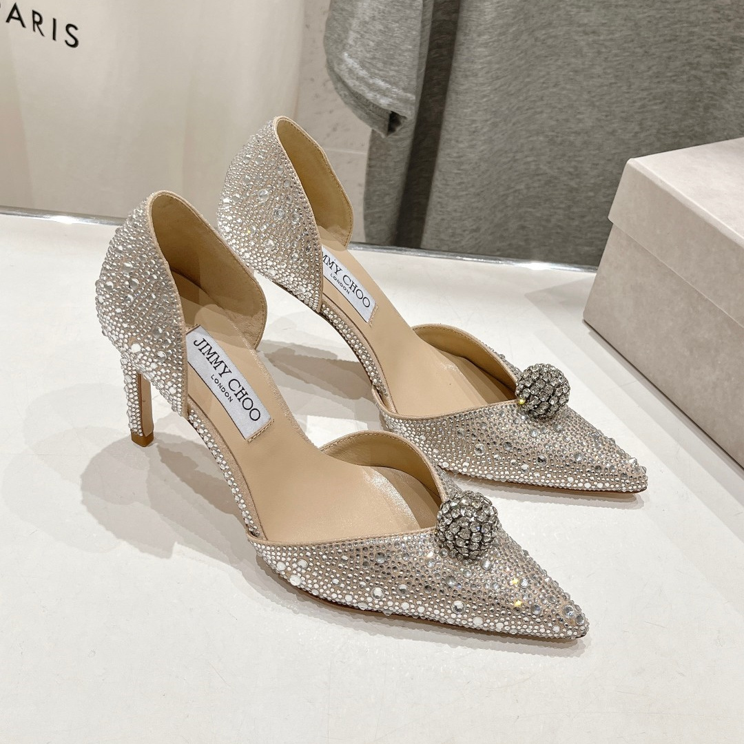 高仿JimmyChoo*SABINE8水鑽亮片高踭鞋裸色8.5CM免檢版