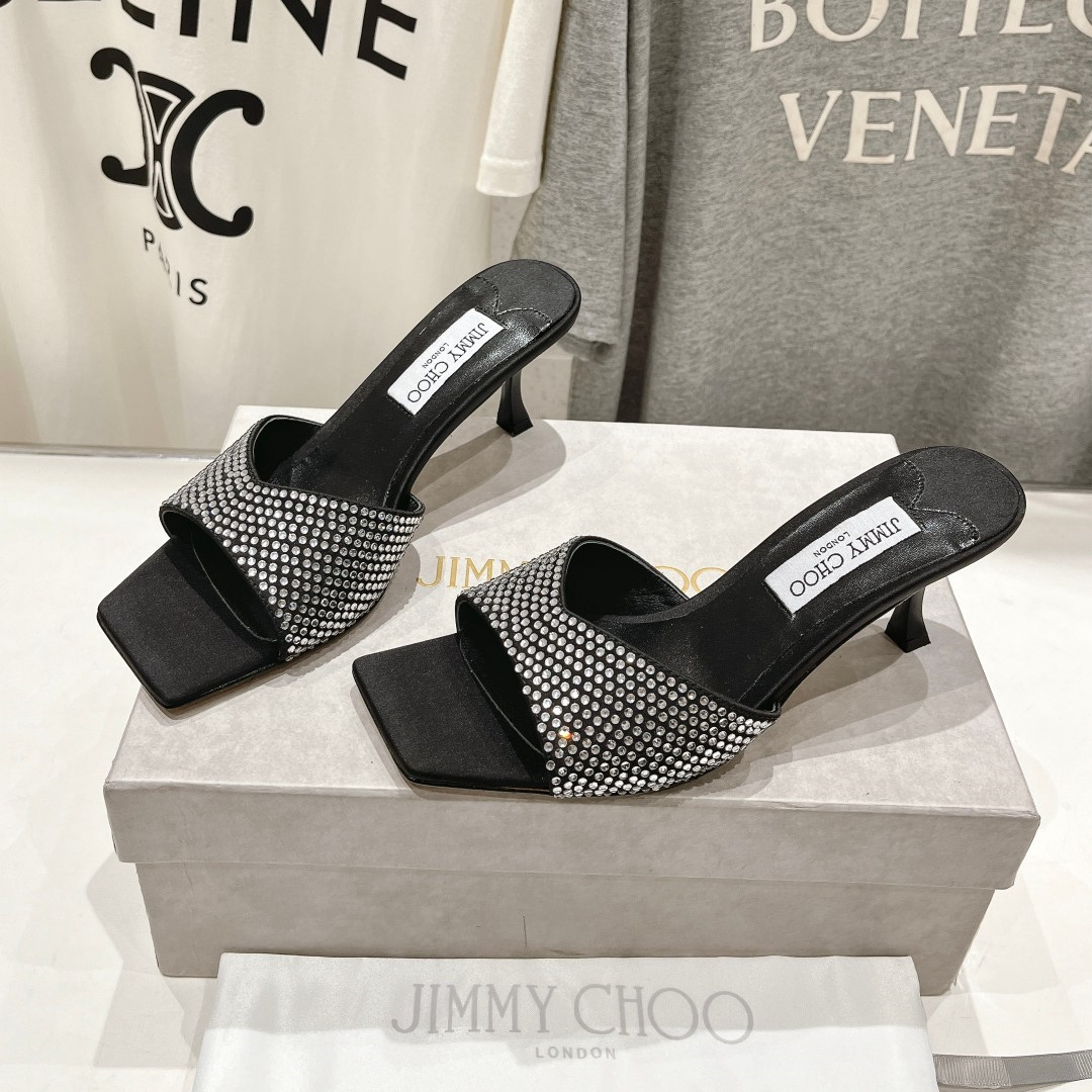 高仿JimmyChoo*SKYE74S方頭一字拖鞋水鑽黑7CM免檢版