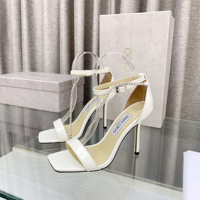高仿JimmyChoo*TALIKA3方頭塔扣高踭涼鞋白色10CM免檢版