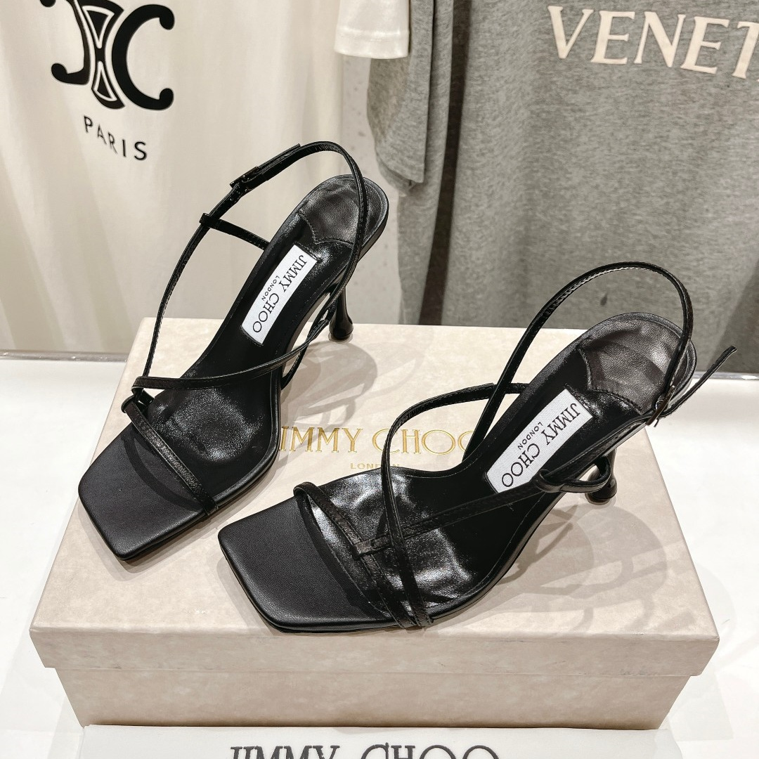 高仿JimmyChoo*ETANA95交叉塔扣高踭涼鞋黑色9.5CM免檢版
