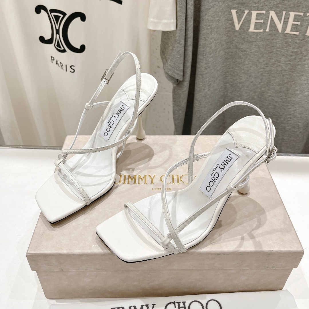 高仿JimmyChoo*ETANA94交叉塔扣高踭涼鞋白色9.5CM免檢版