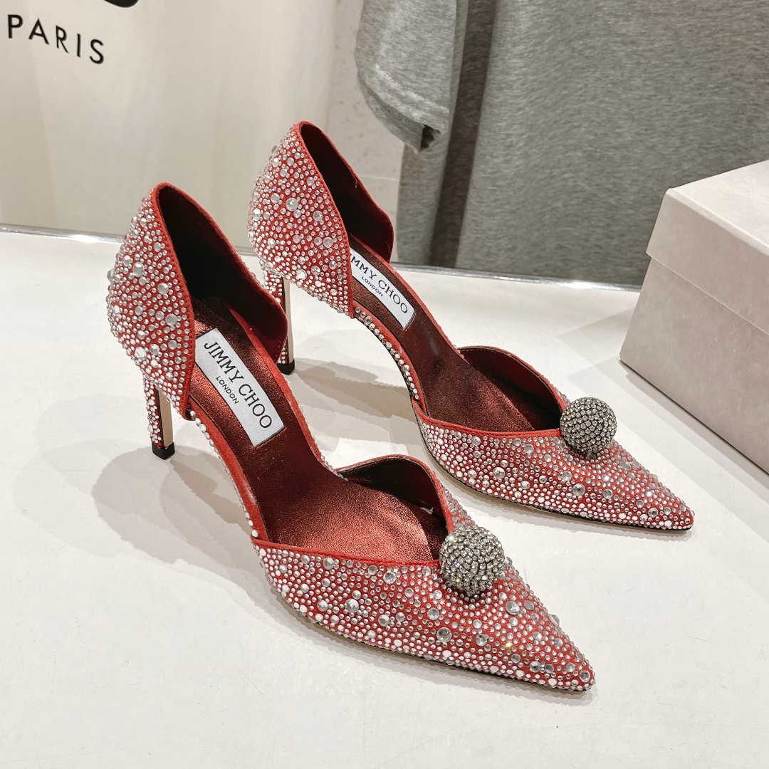 高仿JimmyChoo*SABINE5水鑽亮片高踭鞋銀紅色8.5CM免檢版